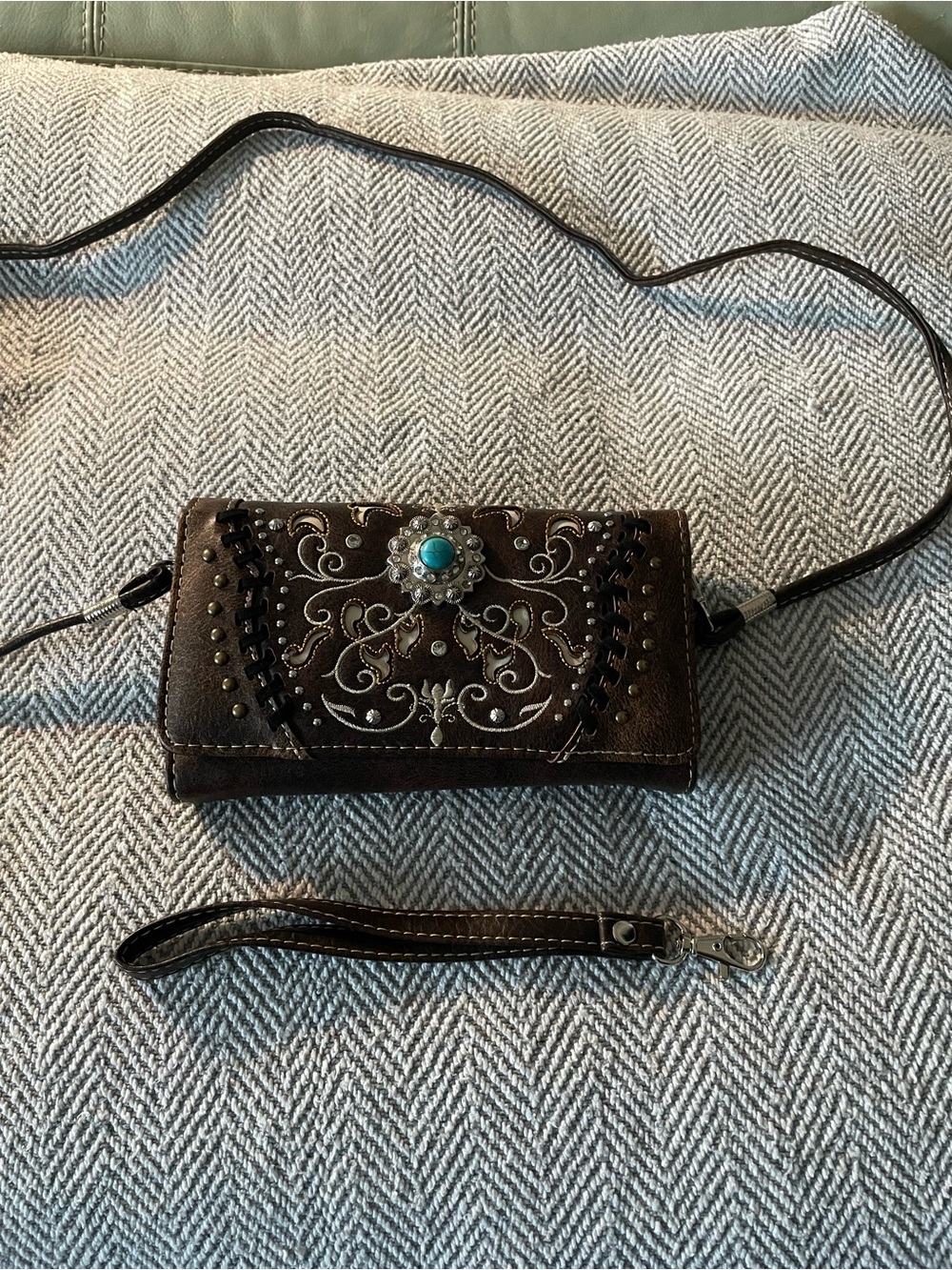 Brown Embellished Crossbody Wallet with Turquoise Accent